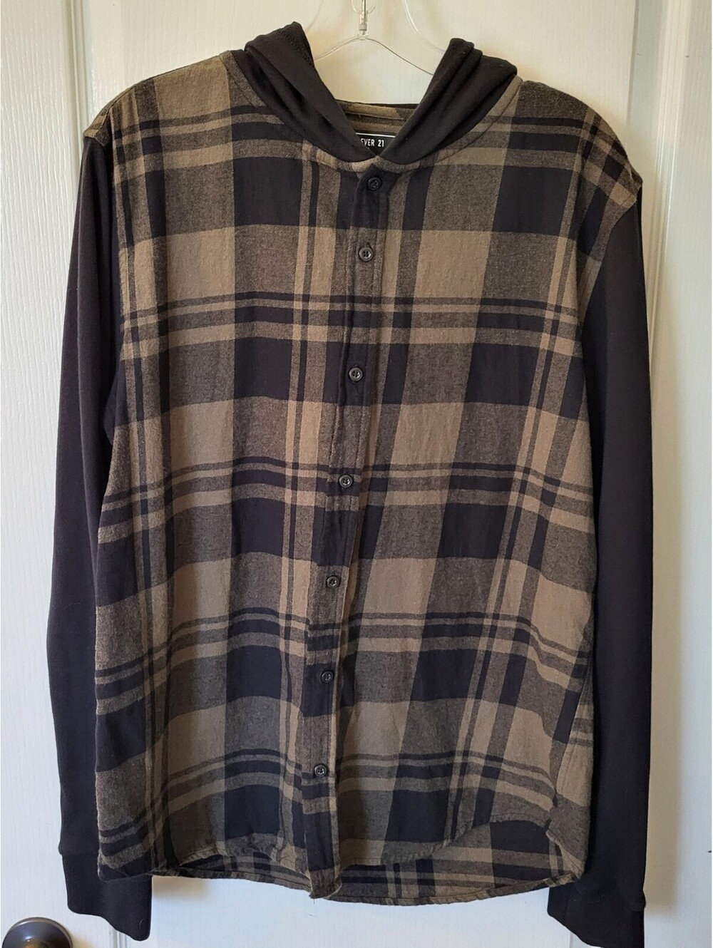 Forever 21 Plaid Button Up Hoodie Flannel Shirt Men's L Gray/Black Casual